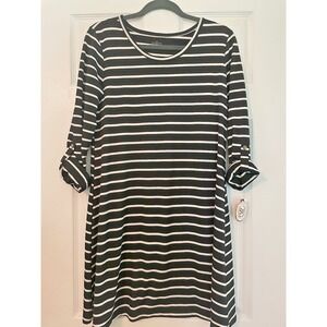 New SO Black/White Roll tab French Terry Striped Dress M Soft Midi Crew neck